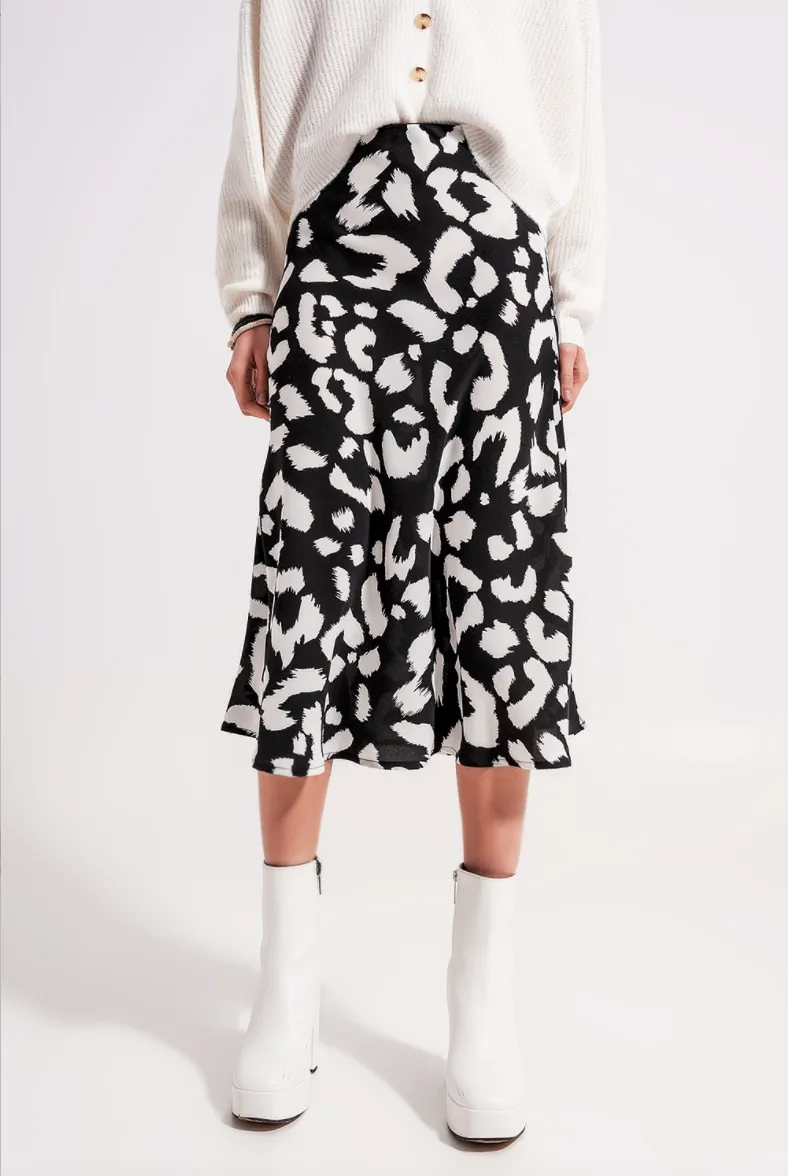 Vera Black and White Animal Print Midi Skirt
