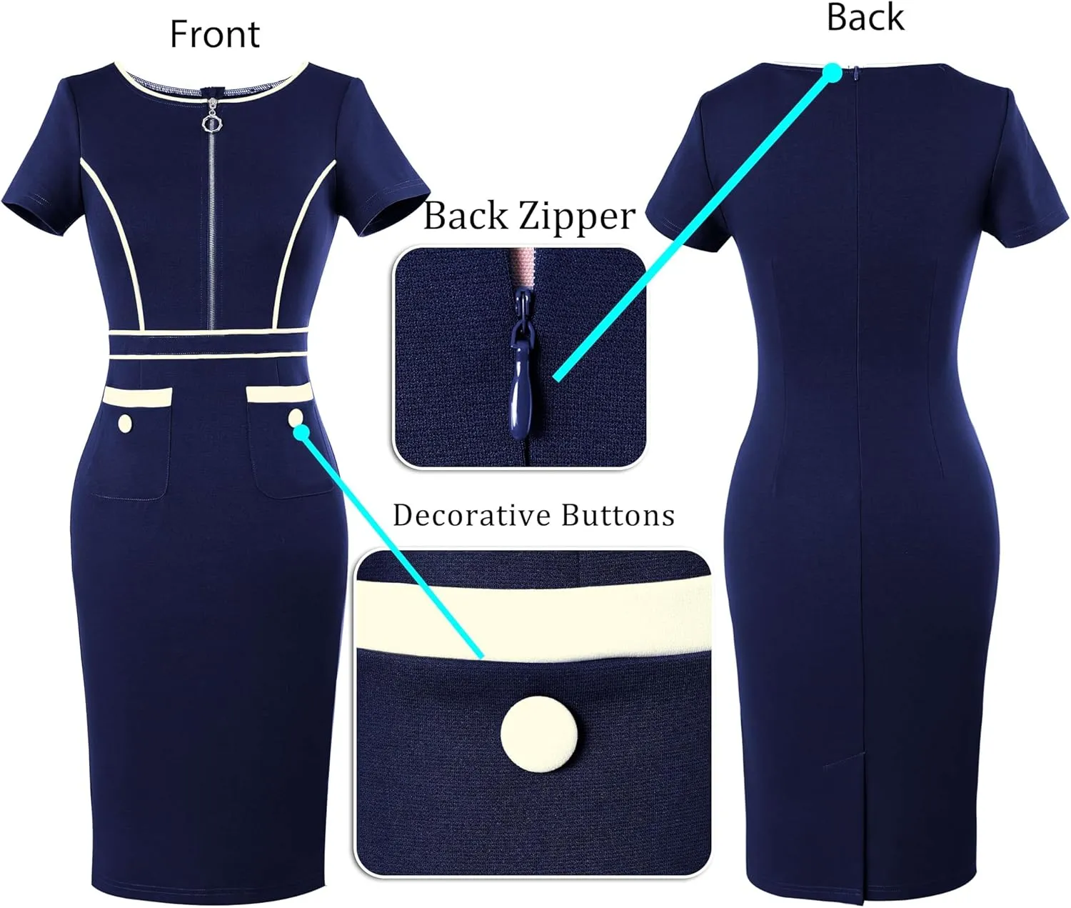 VFSHOW Womens 2024 Business Work Office Crew Neck Front Zipper Pockets Buttons Elegant Vintage Retro Bodycon Dress