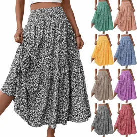 Women Floral Maxi Skirt Smocked High Waist Cotton Flowy Long Skirts Summer Boho Beach Hawaiian Vacation A Line Skirt