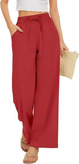 Women Pants Flowy Pants Drawstring Waist Wide Leg Palazzo Beach Pants Loose Fit with Pockets