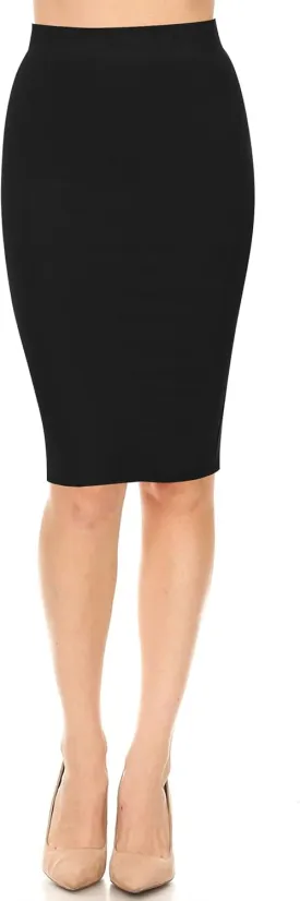 Women's Casual Elastic High Waist Office Work Wear Solid Pencil Midi Skirt Made in USA