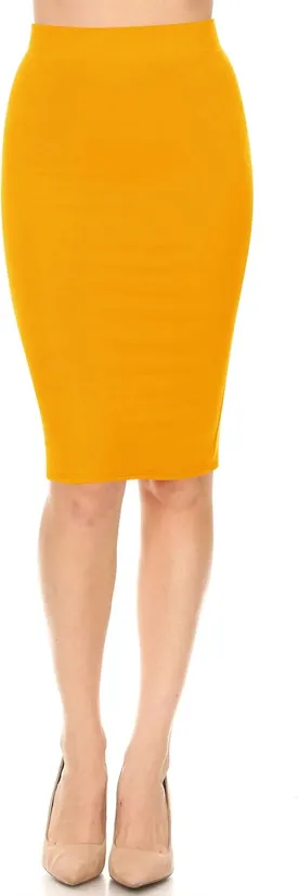 Women's Casual Elastic High Waist Office Work Wear Solid Pencil Midi Skirt Made in USA