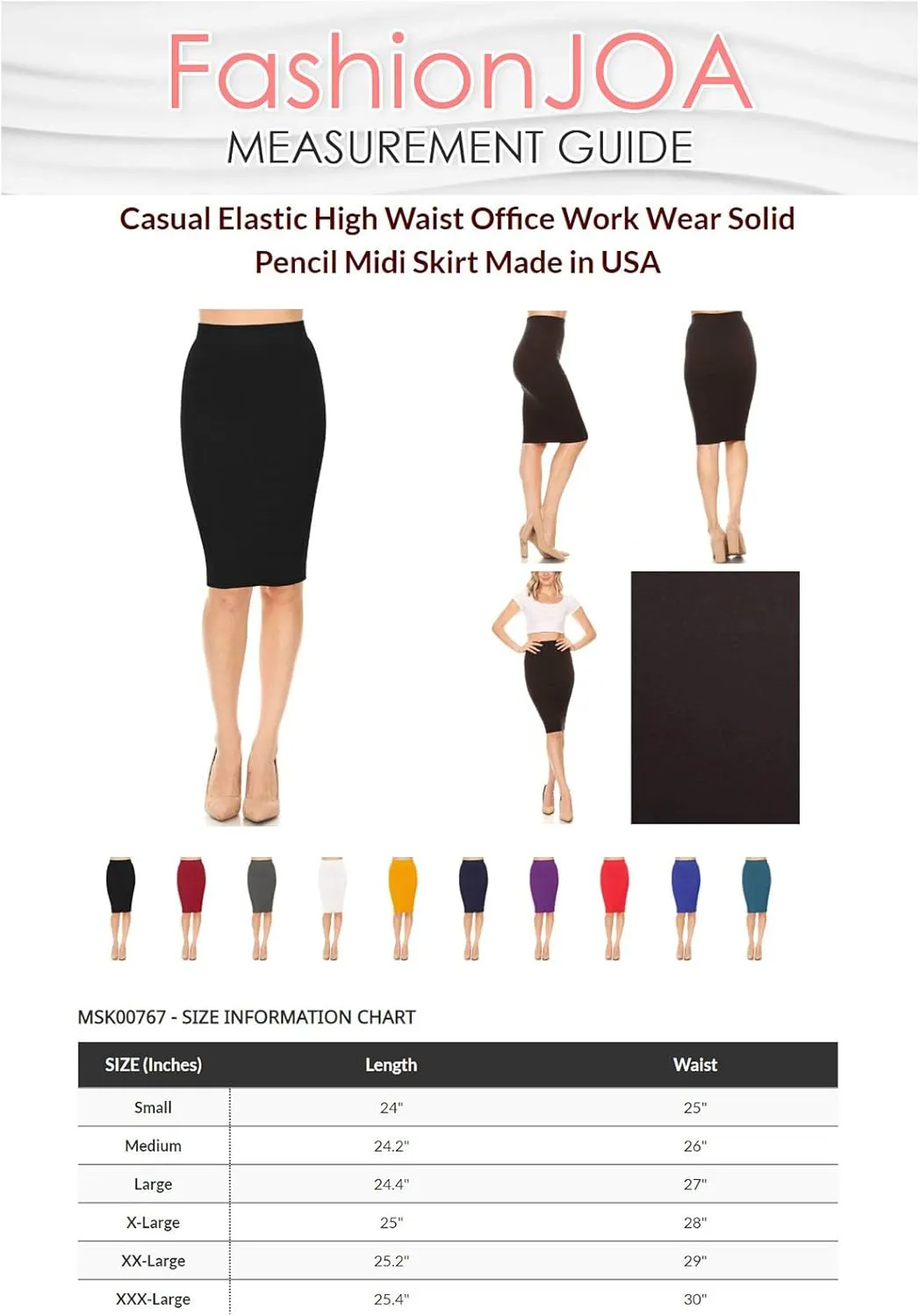 Women's Casual Elastic High Waist Office Work Wear Solid Pencil Midi Skirt Made in USA
