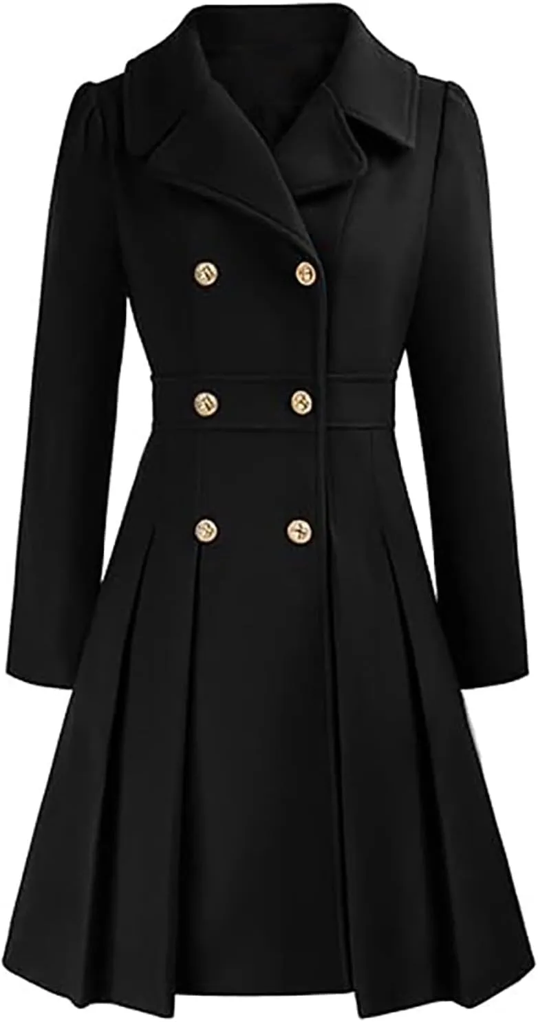 Women's Fall/Winter Lapel Double Breasted A Line Coat with Pockets Coat Skater Trench Coat
