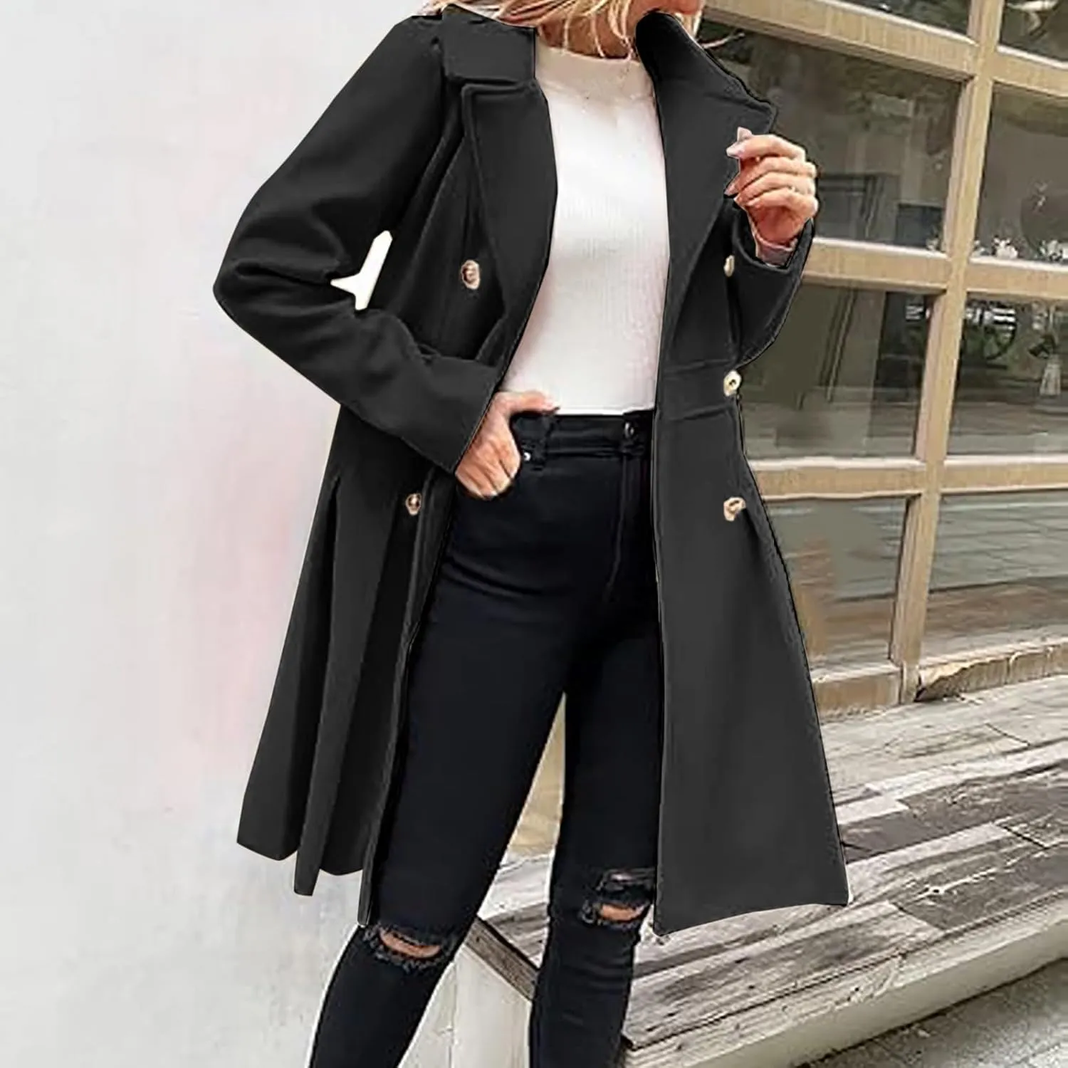 Women's Fall/Winter Lapel Double Breasted A Line Coat with Pockets Coat Skater Trench Coat