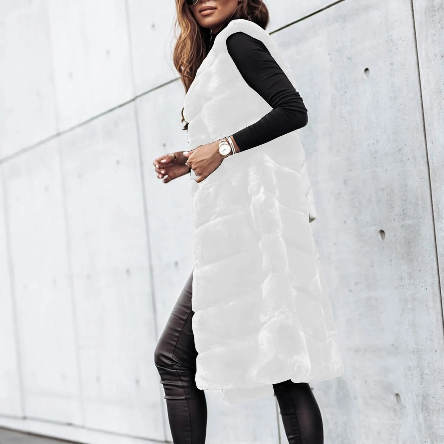Womens Faux Fur Long Vest Open Front Sleeveless Fluffy Jackets Luxury Knee Length Winter Fashion Cardigans
