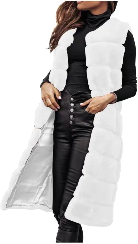 Womens Faux Fur Long Vest Open Front Sleeveless Fluffy Jackets Luxury Knee Length Winter Fashion Cardigans