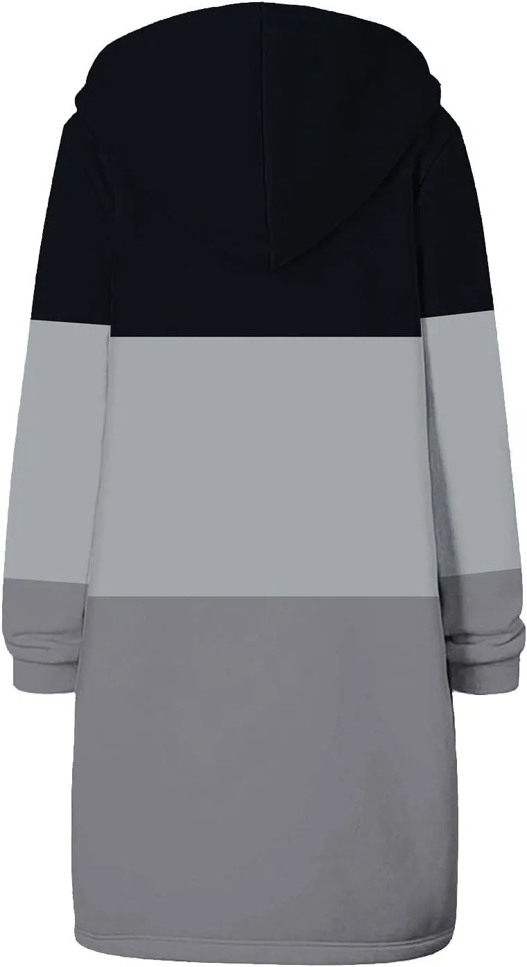 Womens Fleece Jacket Oversized Color Block Long Sleeve Winter Coats Drawstring Hooded Cardigan Tops Outerwear