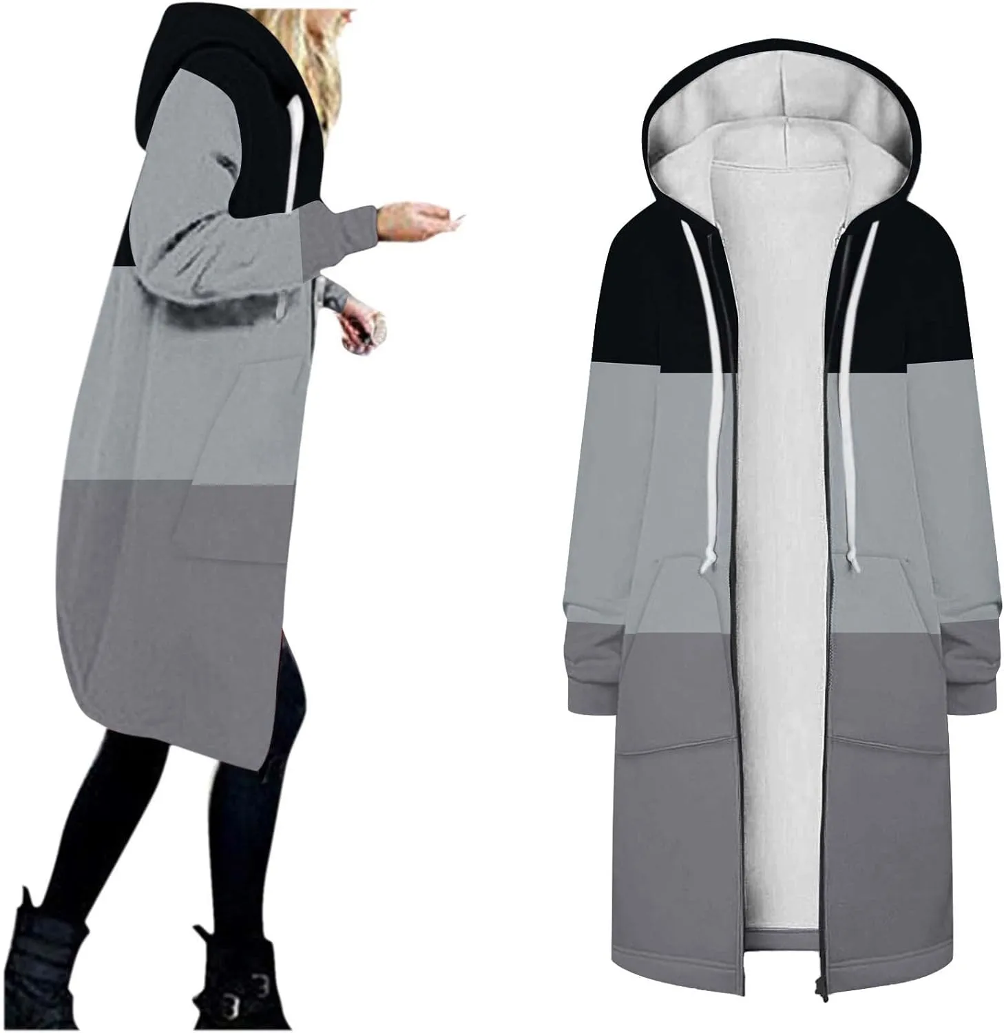 Womens Fleece Jacket Oversized Color Block Long Sleeve Winter Coats Drawstring Hooded Cardigan Tops Outerwear