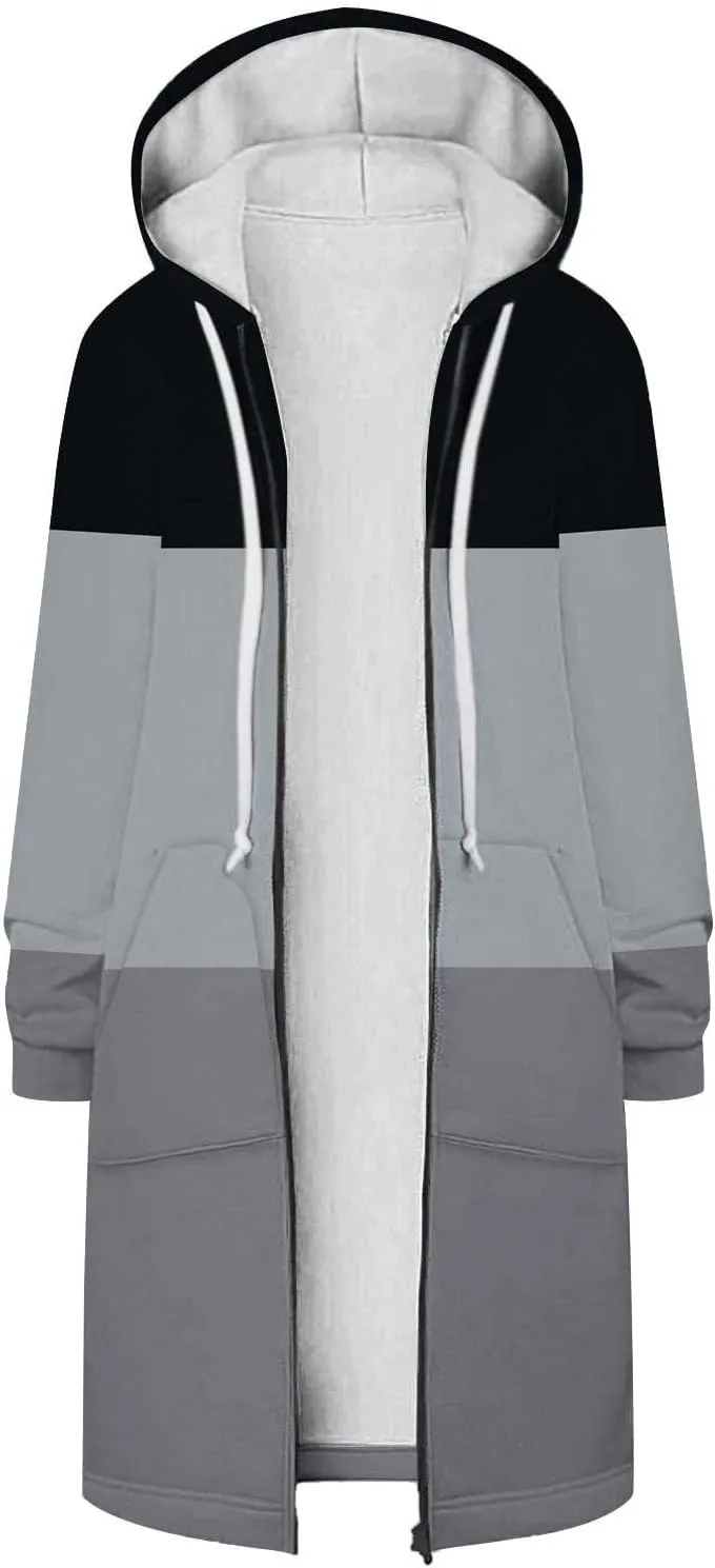 Womens Fleece Jacket Oversized Color Block Long Sleeve Winter Coats Drawstring Hooded Cardigan Tops Outerwear