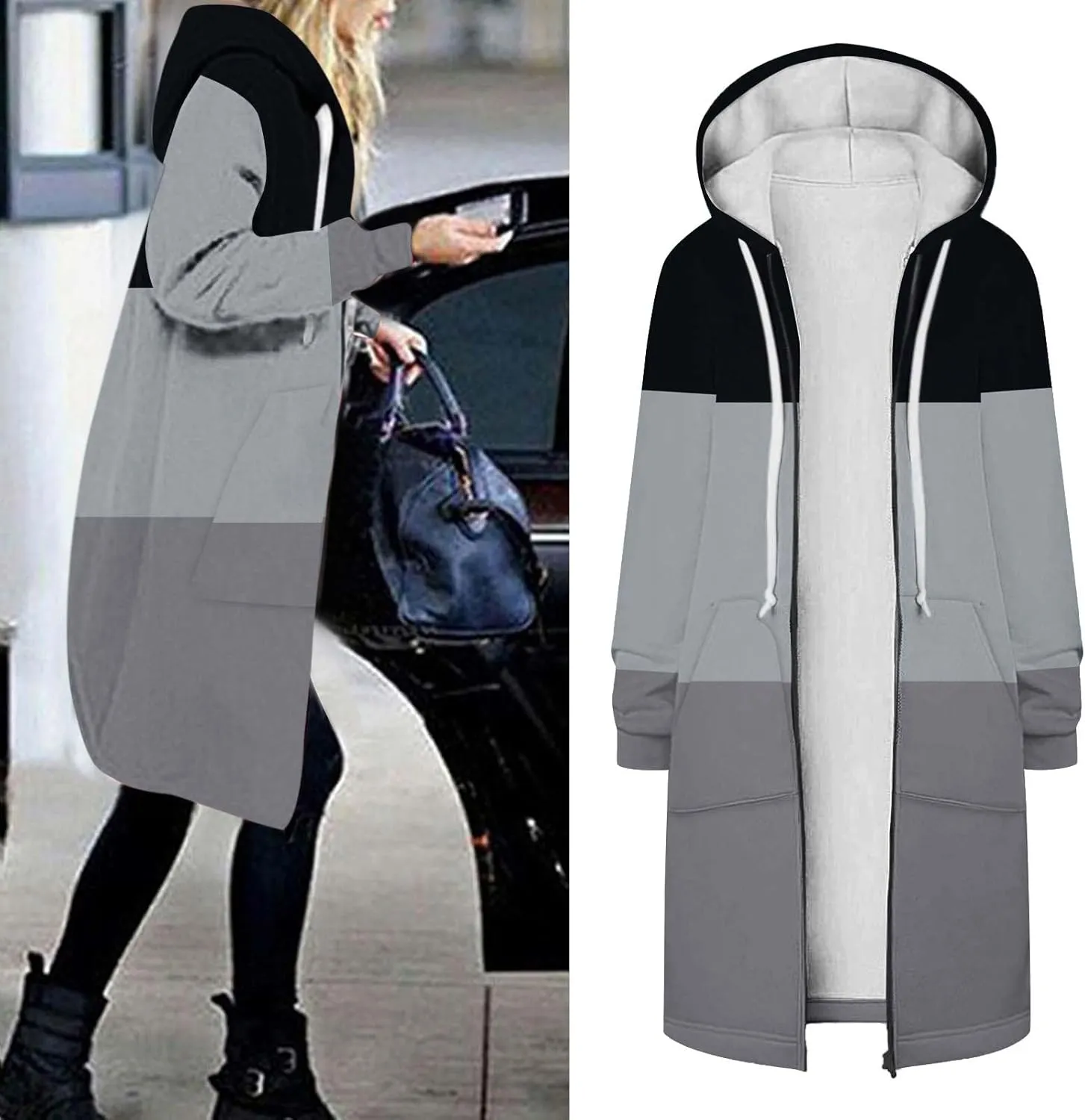 Womens Fleece Jacket Oversized Color Block Long Sleeve Winter Coats Drawstring Hooded Cardigan Tops Outerwear
