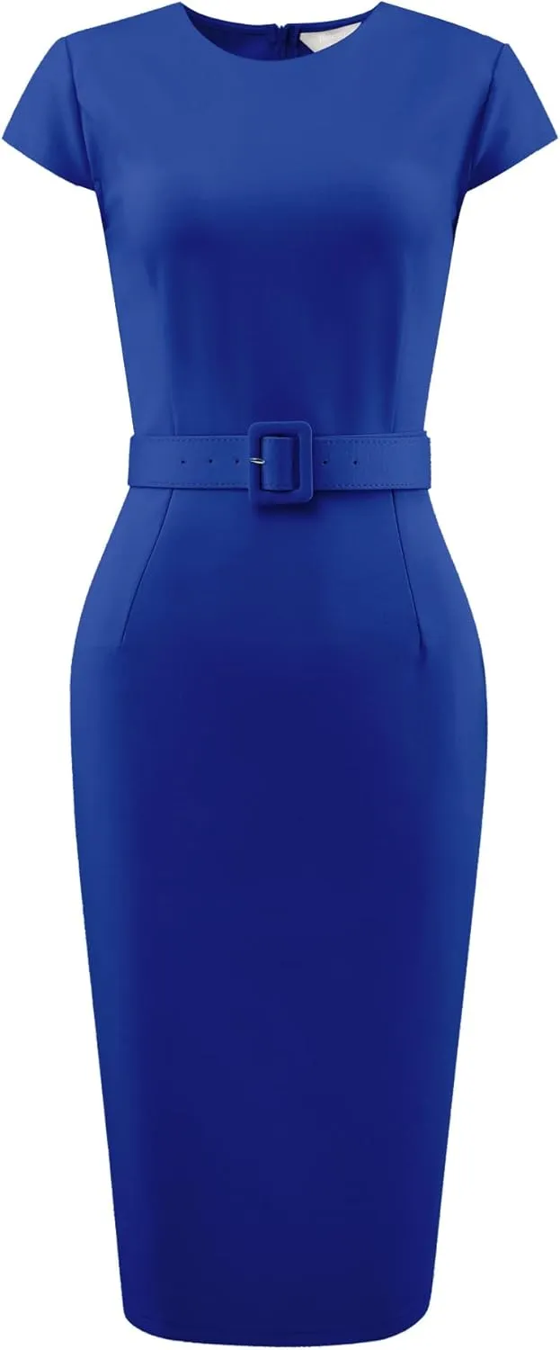 Women's Knee Length Pencil Dress Cap Sleeve Belted Wear to Work Sheath Dresses