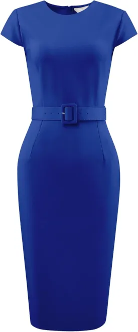Women's Knee Length Pencil Dress Cap Sleeve Belted Wear to Work Sheath Dresses