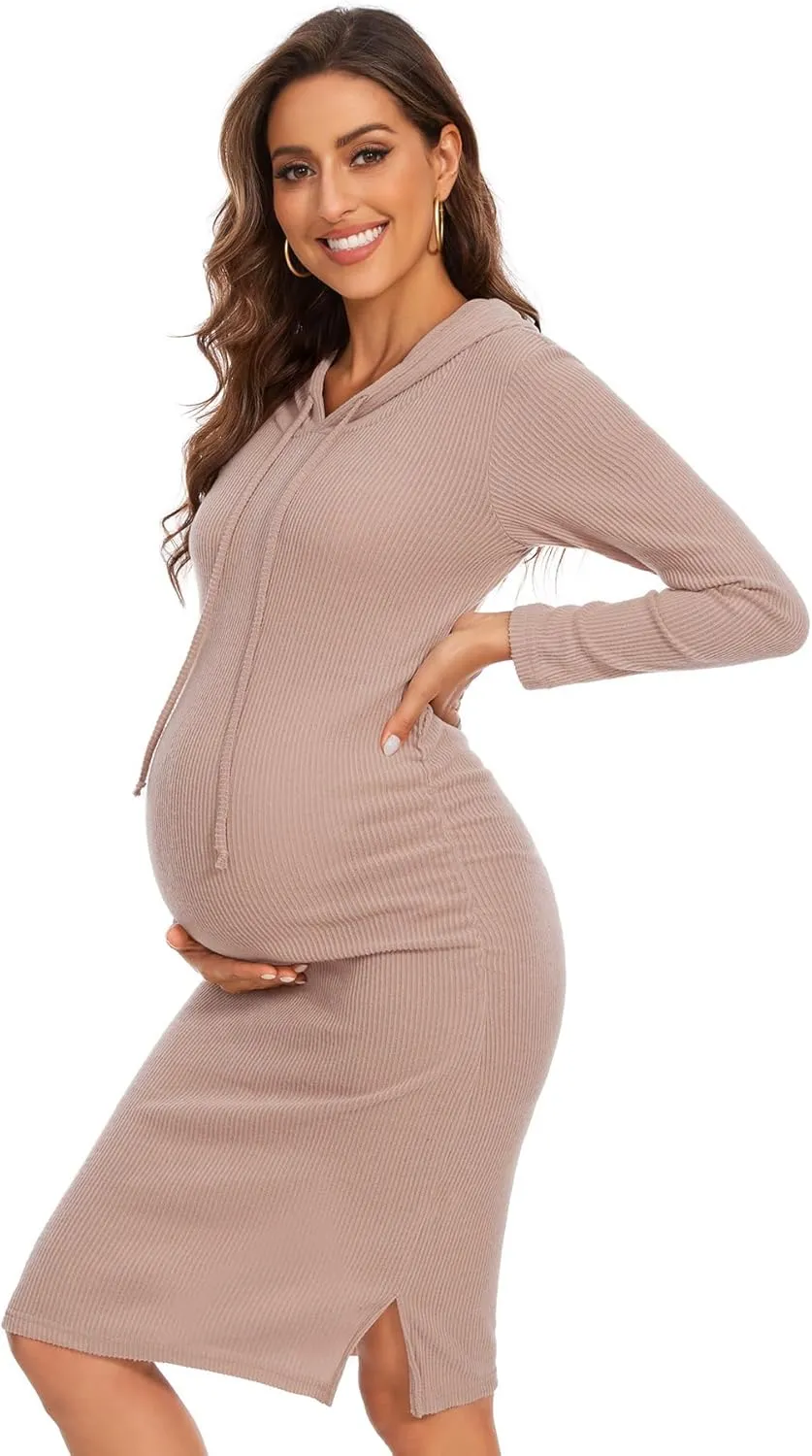 Women's Knit Split Maternity Dress Long Sleeve Ruched Pregnancy Clothes Hoodie Dress