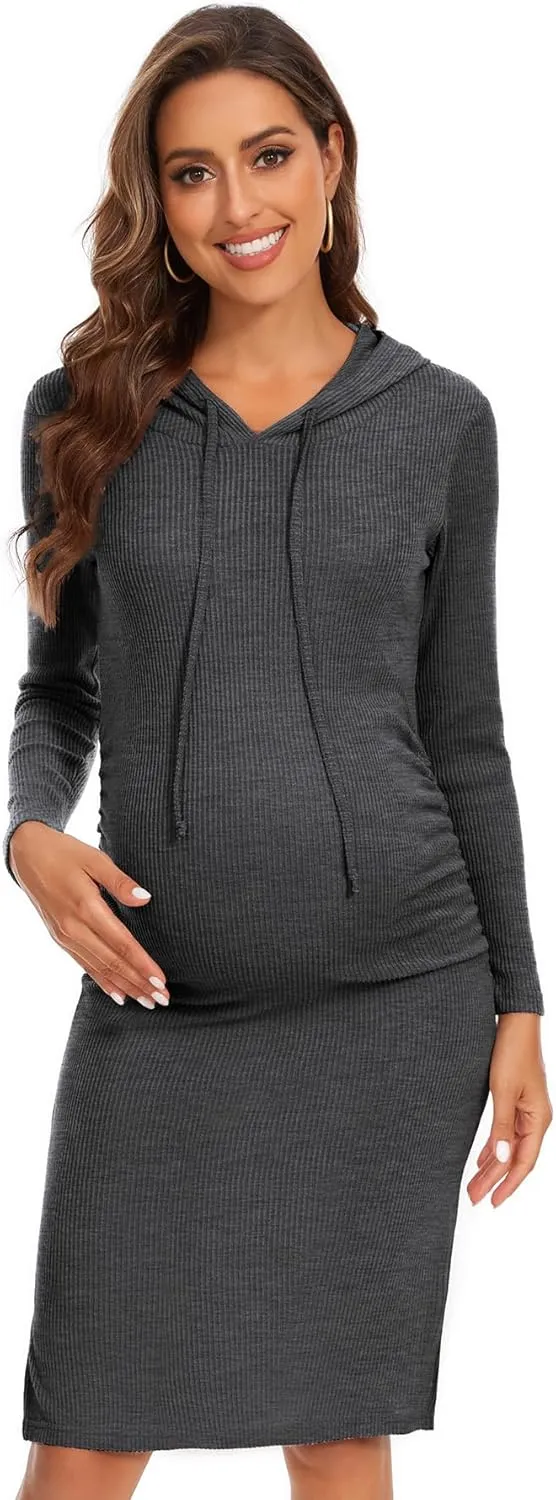 Women's Knit Split Maternity Dress Long Sleeve Ruched Pregnancy Clothes Hoodie Dress
