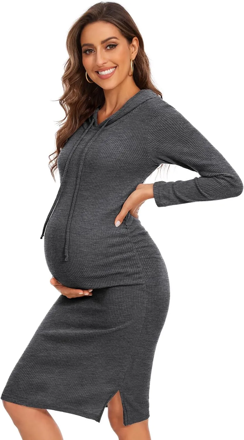 Women's Knit Split Maternity Dress Long Sleeve Ruched Pregnancy Clothes Hoodie Dress