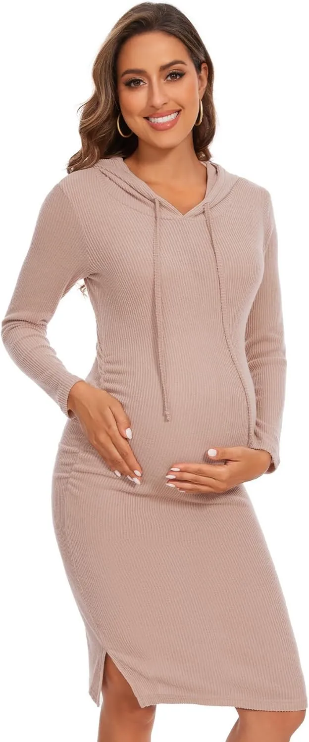 Women's Knit Split Maternity Dress Long Sleeve Ruched Pregnancy Clothes Hoodie Dress