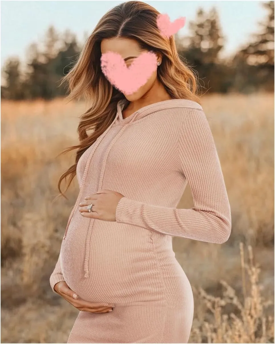 Women's Knit Split Maternity Dress Long Sleeve Ruched Pregnancy Clothes Hoodie Dress