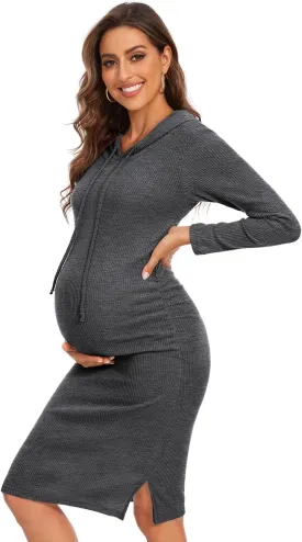 Women's Knit Split Maternity Dress Long Sleeve Ruched Pregnancy Clothes Hoodie Dress