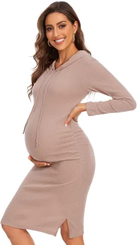 Women's Knit Split Maternity Dress Long Sleeve Ruched Pregnancy Clothes Hoodie Dress