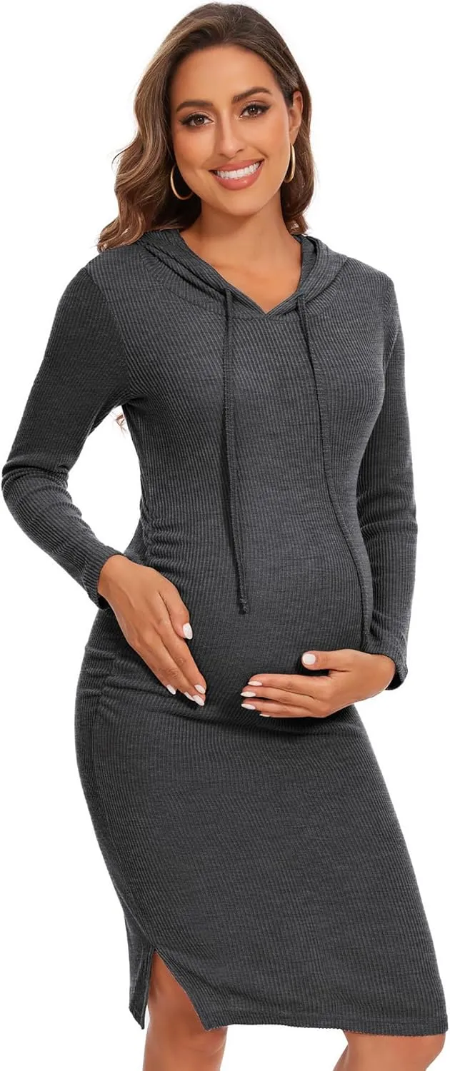 Women's Knit Split Maternity Dress Long Sleeve Ruched Pregnancy Clothes Hoodie Dress