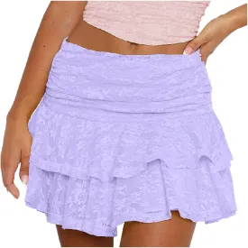 Womens Mini Skirts Summer Mesh Lace Elastic High Waisted Coke Skirt Fashion Ruffle Hem Tiered A Line Short Skirts