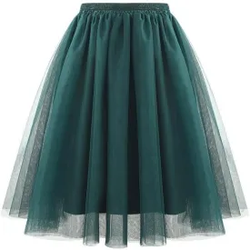 Women's Tulle Skirts Elastic High Waist Pleated Layered Mesh Flowy A-Line Swing Party Midi Long Tutu Skirt