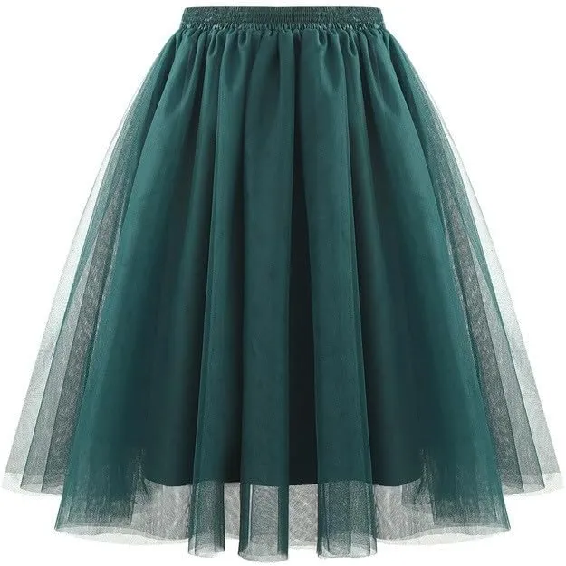 Women's Tulle Skirts Elastic High Waist Pleated Layered Mesh Flowy A-Line Swing Party Midi Long Tutu Skirt