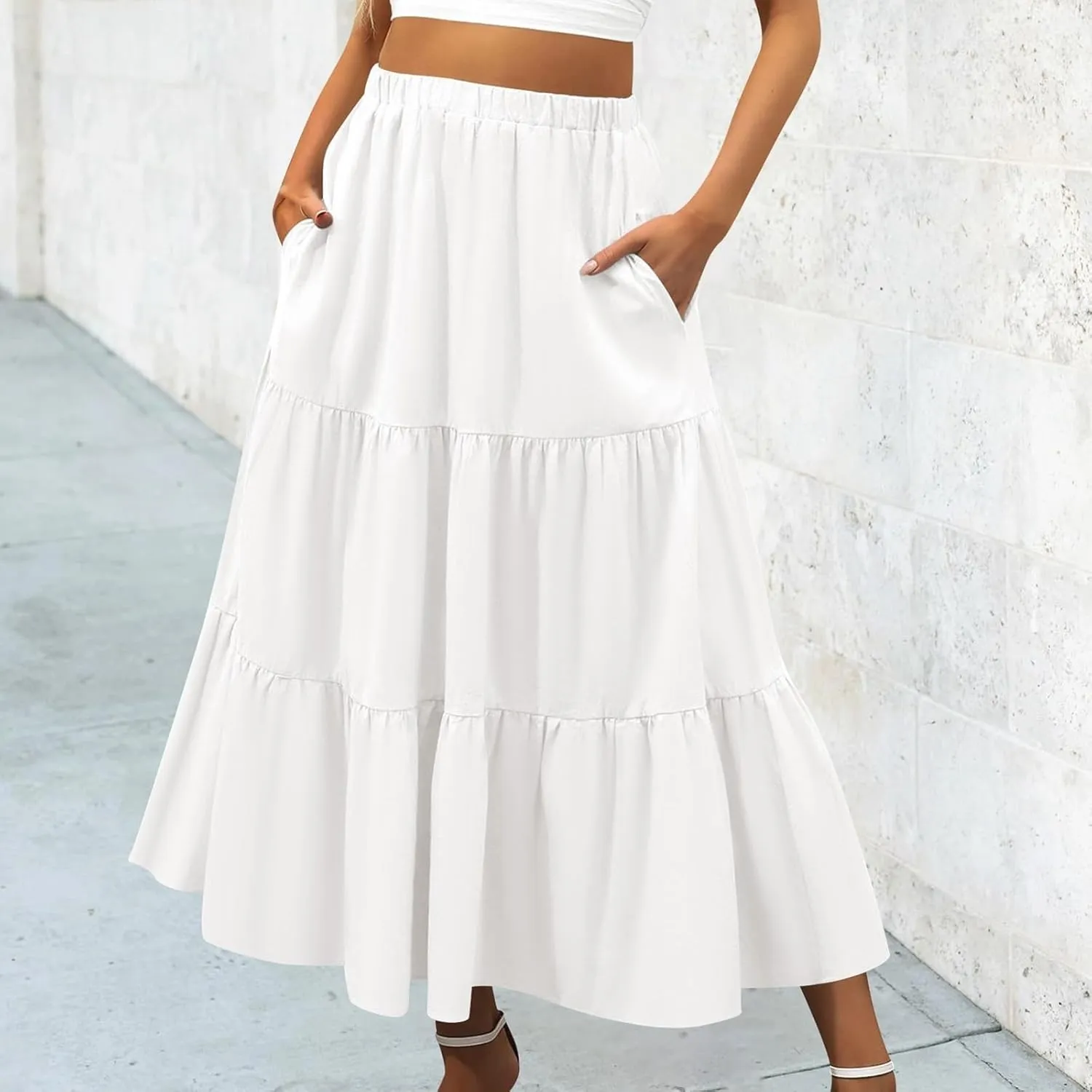 Women'sSummer Boho Flowy Swing Tiered A-Line Maxi Skirt 2025 Fashion Trendy Elastic Waist Pleated Long Beach Dress
