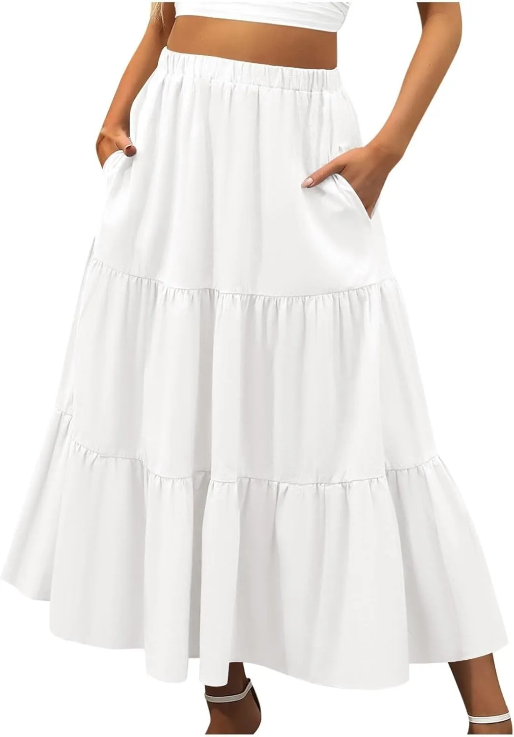 Women'sSummer Boho Flowy Swing Tiered A-Line Maxi Skirt 2025 Fashion Trendy Elastic Waist Pleated Long Beach Dress