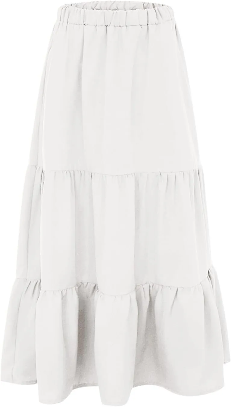 Women'sSummer Boho Flowy Swing Tiered A-Line Maxi Skirt 2025 Fashion Trendy Elastic Waist Pleated Long Beach Dress