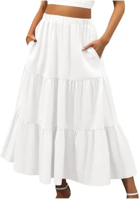 Women'sSummer Boho Flowy Swing Tiered A-Line Maxi Skirt 2025 Fashion Trendy Elastic Waist Pleated Long Beach Dress